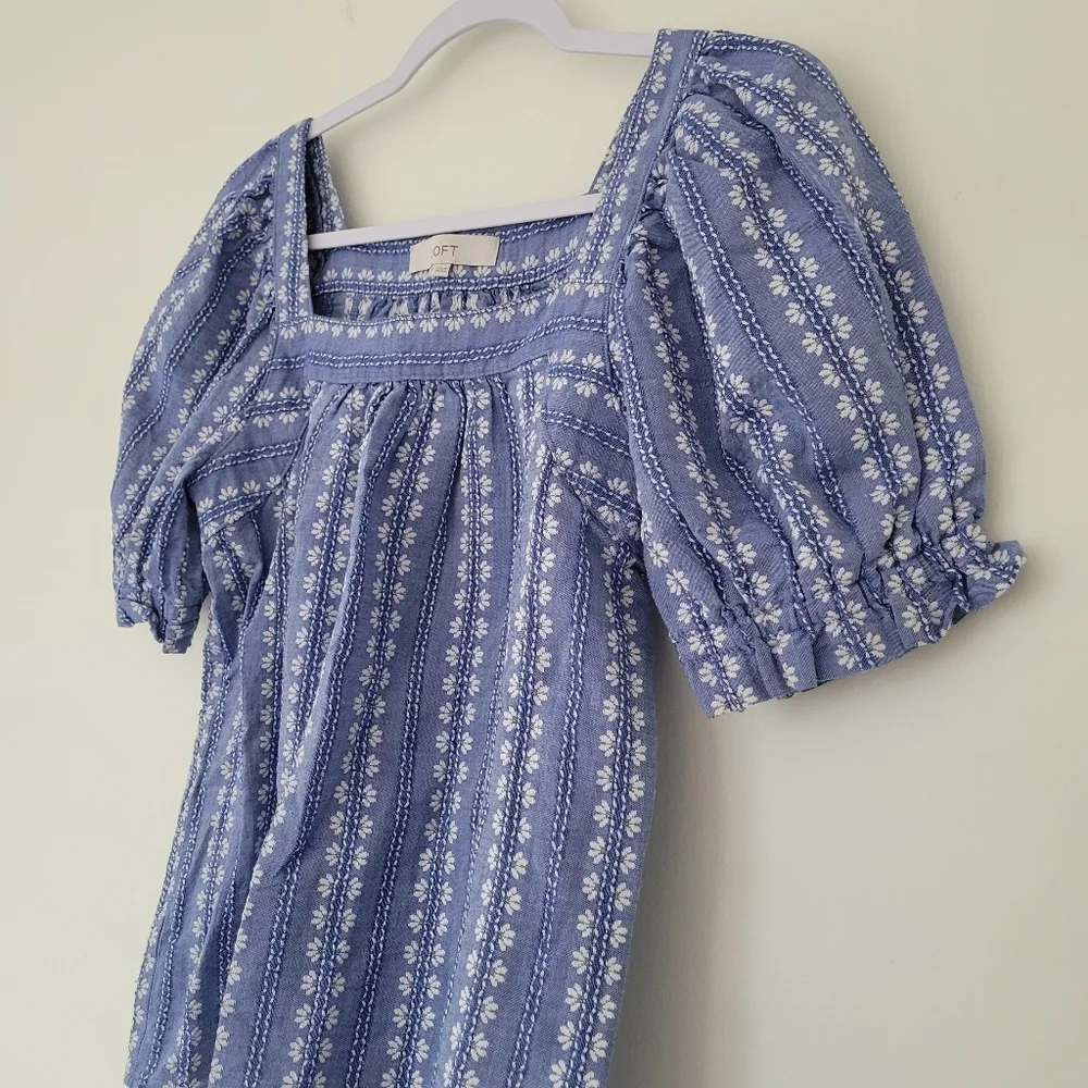 Loft Floral Stitch Square Neck Puff Sleeve Feminine Boho‎ Blouse XS